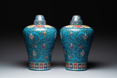 A pair of large Chinese cloisonné 'lotus scroll' 'meiping' vases and cover, Republic
