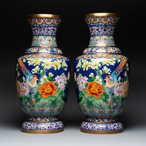 A pair of large Chinese cloisonné vases with birds among flowering branches, 20th C. — photo 1
