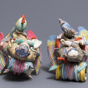 A pair of large Chinese famille rose figures of immortals on phoenixes, 19th C. — photo 7