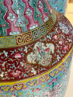 A pair of large Chinese famille rose turquoise-ground 'Buddhist symbols and lotus scroll' vases, Guangxu mark and of the period — photo 14