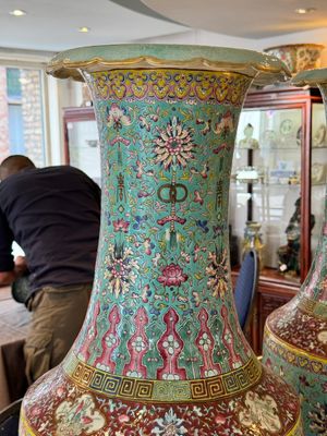 A pair of large Chinese famille rose turquoise-ground 'Buddhist symbols and lotus scroll' vases, Guangxu mark and of the period — photo 4