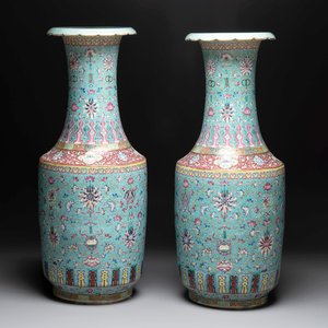 A pair of large Chinese famille rose turquoise-ground 'Buddhist symbols and lotus scroll' vases, Guangxu mark and of the period — photo 1