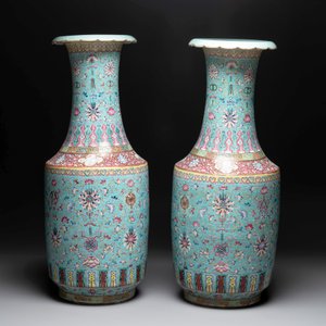 A pair of large Chinese famille rose turquoise-ground 'Buddhist symbols and lotus scroll' vases, Guangxu mark and of the period — photo 4