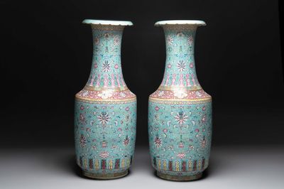 A pair of large Chinese famille rose turquoise-ground 'lotus scroll' vases, Guangxu mark and of the period
