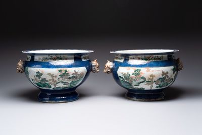 A pair of large Chinese famille verte powder-blue-ground 'landscape' jardinières, 19th C.