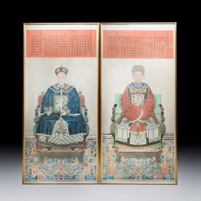 A pair of large Chinese inscribed ancestor portraits, signed Wen Su 溫肅 (1879-1939), Guangxu
