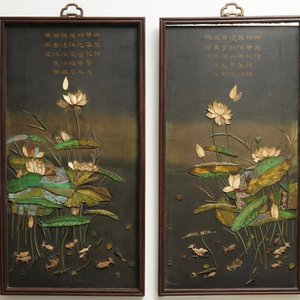 A pair of large Chinese lacquered wood inscribed panels with applied ivory, Qianlong — photo 1