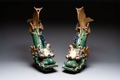 A pair of large Chinese polychrome-glazed fish-form roof tiles, 19th C.