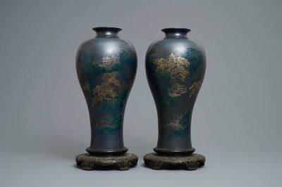 A pair of large Chinese Shen Shao’an type decorated lacquer vases, Fujian, 20th C.