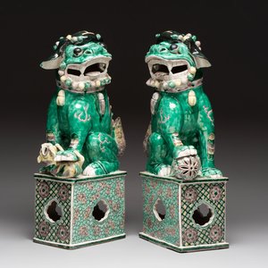 A pair of large Chinese verte biscuit Buddhist lions, 19th C. — photo 1
