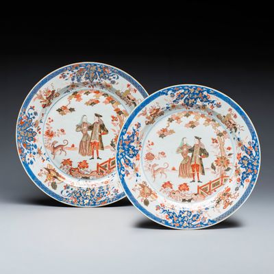 A pair of large Chinese verte-Imari 'Governor Duff' dishes, Yongzheng