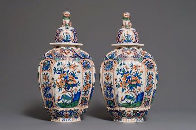 A pair of large Delft style cashmire palette covered vases, France, 19th C.