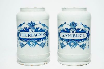A pair of large Dutch Delft blue and white pharmacy jars, 18th C.