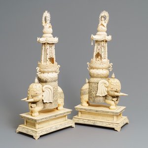 A pair of large inlaid Chinese ivory groups of Buddha and Guanyin on an elephant, ca. 1900 — 照片 1