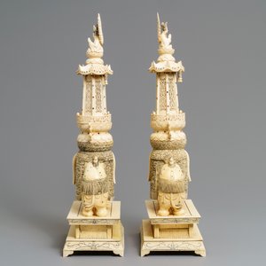 A pair of large inlaid Chinese ivory groups of Buddha and Guanyin on an elephant, ca. 1900 — 照片 5