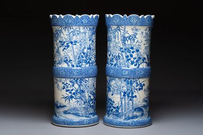 A pair of large Japanese blue and white stands, Keisa 瀬戸圭左製 and Yamakei 山圭制 marks, 19/20th C.