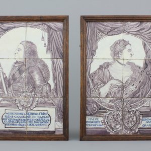 A pair of manganese and blue Dutch Delft tile murals with royal portraits, 18th C. — photo 1