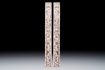 A pair of manganese Dutch Delft 10-piece tile pillars, 18th C.