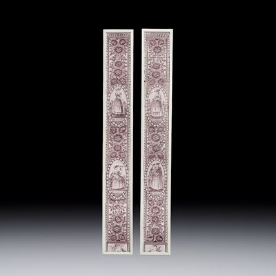 A pair of manganese Dutch Delft 'Four Seasons' 9-piece tile pillars, 18th C.