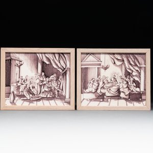 A pair of manganese Dutch Delft 'The Ordinance of Humility' and 'The Last Supper' plaques, Utrecht, 19th C. — photo 1