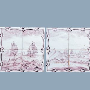 A pair of manganese Dutch Delft tile murals with a whale hunt and a deer hunt, 18th C. — 照片 1