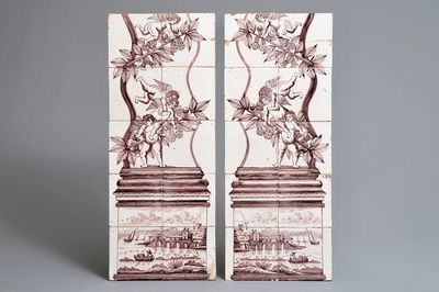 A pair of manganese Dutch Delft tile murals with cherub columns, 18th C.