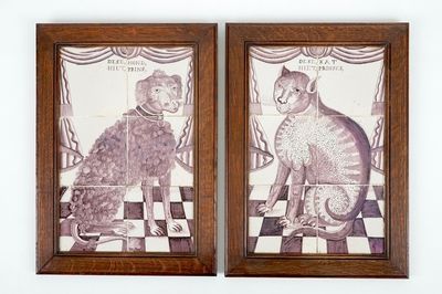 A pair of manganese Dutch Delft tile panels with a cat and a dog, 18th C.