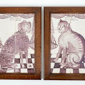 A pair of manganese Dutch Delft tile panels with a cat and a dog, 18th C. — 照片 1