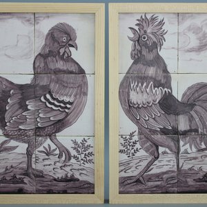 A pair of manganese Dutch Delft tile panels with a hen and a rooster, 18th C. — photo 1