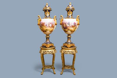 A pair of massive French Sèvres-style vases with gilt bronze mounts, signed Desprez, 19th C.