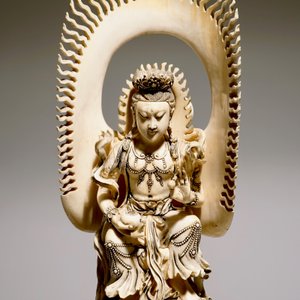 A pair of massive ivory groups of Guanyin seated on an elephants, 19th C. — photo 12