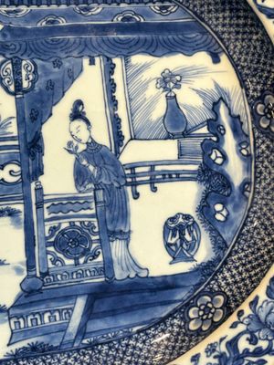 A pair of octagonal Chinese blue and white 'court ladies' dishes, Yongzheng — photo 12