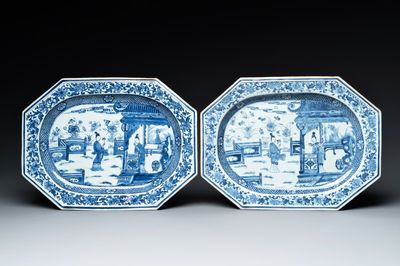 A pair of octagonal Chinese blue and white 'court ladies' dishes, Yongzheng