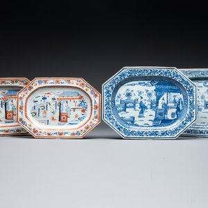 A pair of octagonal Chinese blue and white 'Xi Xiang Ji' dishes and a pair of famille rose dishes, Yongzheng — 照片 1