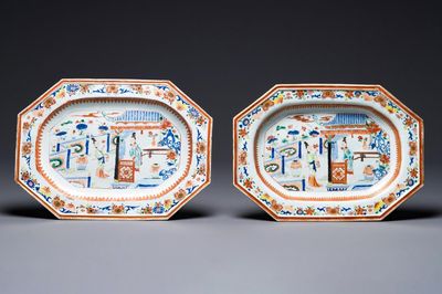A pair of octagonal Chinese famille rose 'court ladies' dishes, Yongzheng