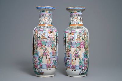 A pair of of Chinese famille rose rouleau 'court scene' vases, 19th C.
