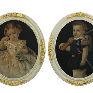 A pair of oval children's portraits, hand-colored photochromatographies, 19th C. — photo 1