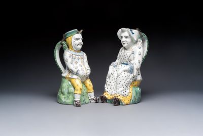 A pair of polychrome Brussels faience 'Jacqueline et Jacquot' table fountains, late 18th C.