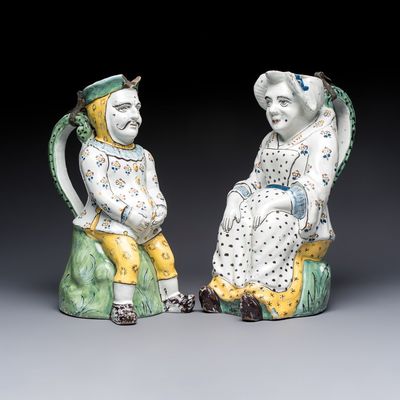 A pair of polychrome Brussels faience 'Jacqueline et Jacquot' table fountains, late 18th C., late 18th C.