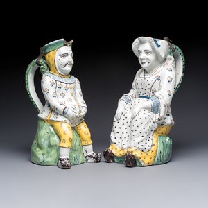 A pair of polychrome Brussels faience 'Jacqueline et Jacquot' table fountains — photo 1
