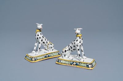 A pair of polychrome Brussels faience models of greyhounds, ca. 1800