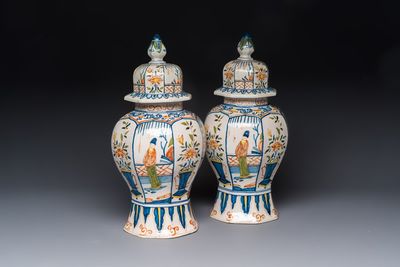 A pair of polychrome Dutch Delft chinoiserie vases, Tichelaar, Makkum, Friesland, 19/20th C.