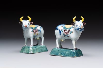 A pair of polychrome Dutch Delft cows, 18th C.