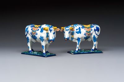 A pair of polychrome Dutch Delft cows, 18th C.