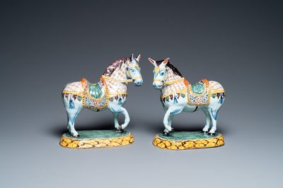 A pair of polychrome Dutch Delft horses, 18th C.