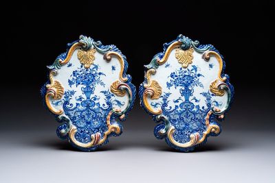 A pair of polychrome Dutch Delft mixed technique 'flower vase' plaques, ca. 1750