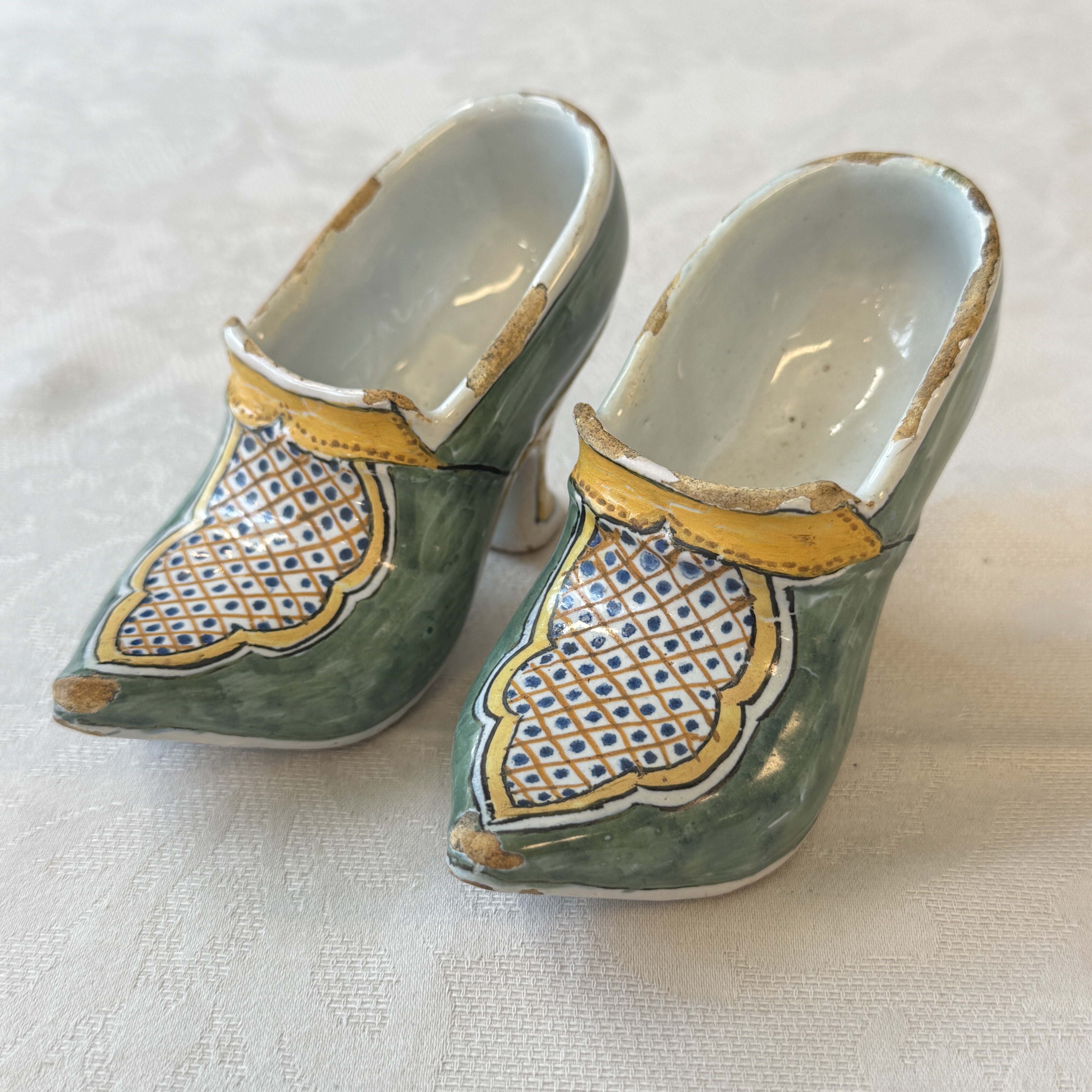 A pair of polychrome Dutch Delft models of shoes — photo 1