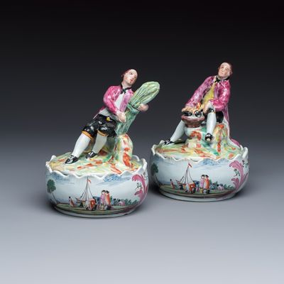 A pair of polychrome Dutch Delft petit feu butter tubs with allegorical depictions of the seasons, 18th C.