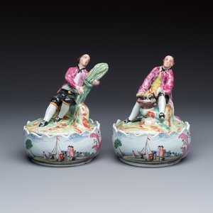 A pair of polychrome Dutch Delft petit feu butter tubs with allegorical depictions of the seasons — photo 2