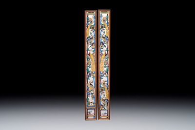 A pair of polychrome Dutch Delft tile murals or 'pillars' with peacocks on columns, 18th C.